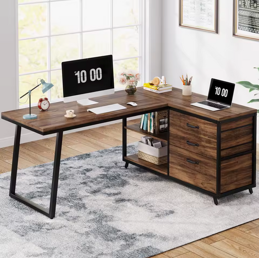 L-vormig Bureau met 3 Lades – Vintage Bruin-Zwart