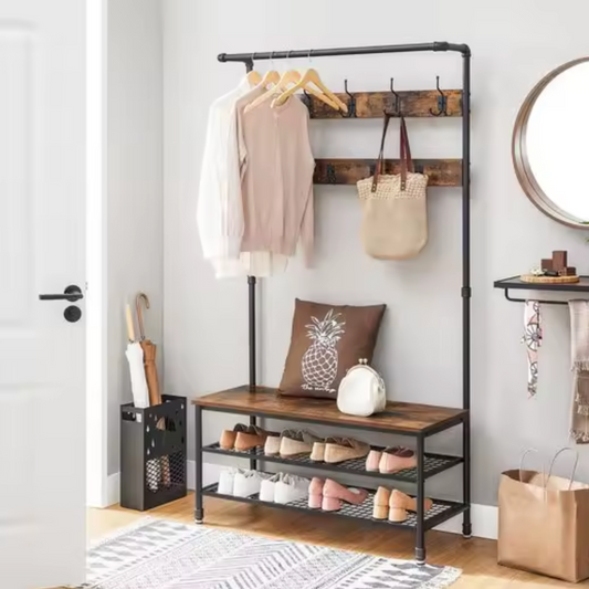 Industriële Kapstok met Zitbank – Vintage bruin en Zwart