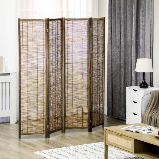 Opvouwbaar Houten Kamerscherm met Rieten Panelen – 4-Delig