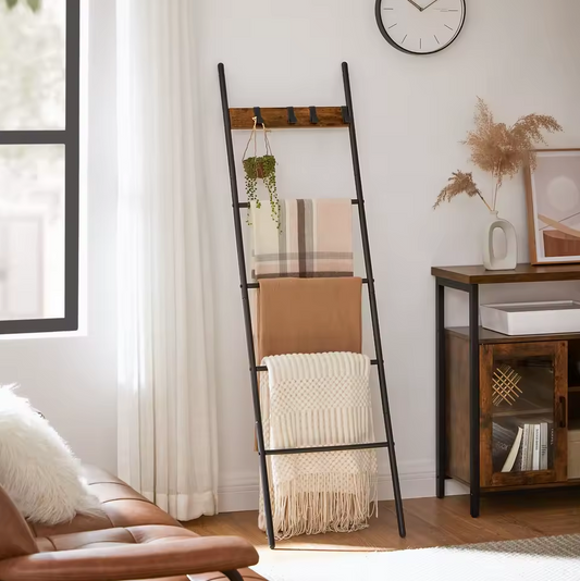 Industriële Handdoekladder met 5 Niveaus en 4 Haken - Vintage Hout