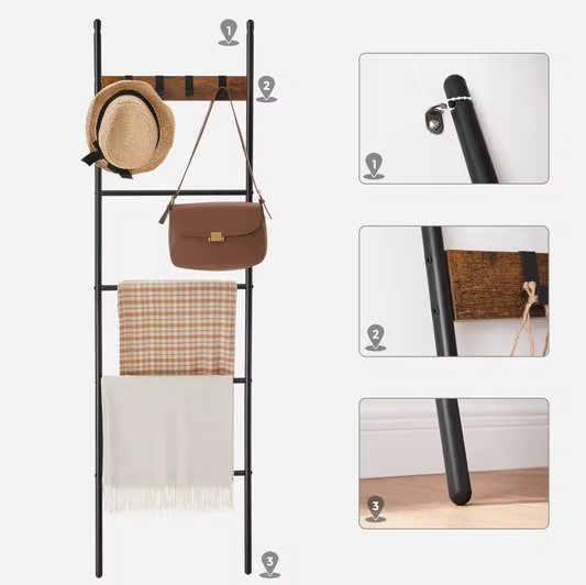 Industriële Handdoekladder met 5 Niveaus en 4 Haken - Vintage Hout