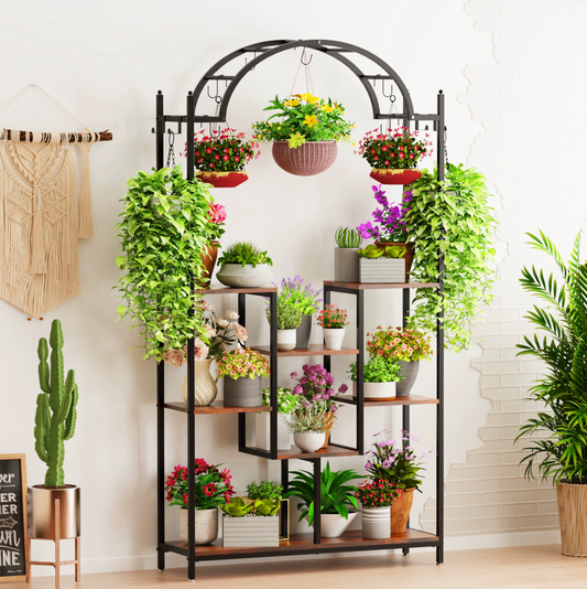 5-Laags Hoge Plantenstandaard met Ophanghaken – Metaal en Hout (190 cm)