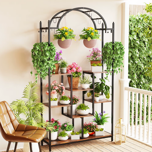 5-Laags Hoge Plantenstandaard met Ophanghaken – Metaal en Hout (190 cm)