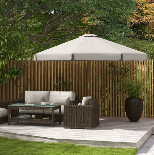 Sedia Tuin Parasol Ø 325 cm – Katrolsysteem – Geventileerd Dubbel Dak – Houten Paal – Lichtgrijs