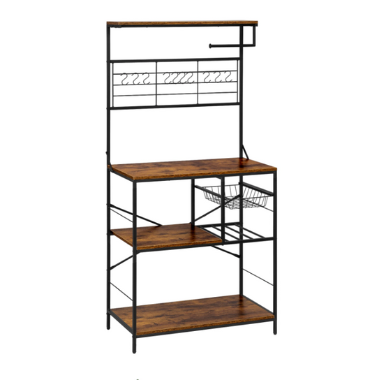Industriële Stellingkast – 5-Laags – Zwart en Rustiek Bruin – Keukenrek met Mand en Rolhouder