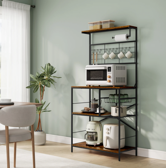 Industriële Stellingkast – 5-Laags – Zwart en Rustiek Bruin – Keukenrek met Mand en Rolhouder
