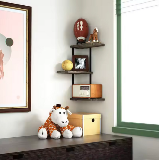 3-Lagen Wandgemonteerde Stellingkast – Rustieke Houten Wandrekken – Zwart IJzeren Frame