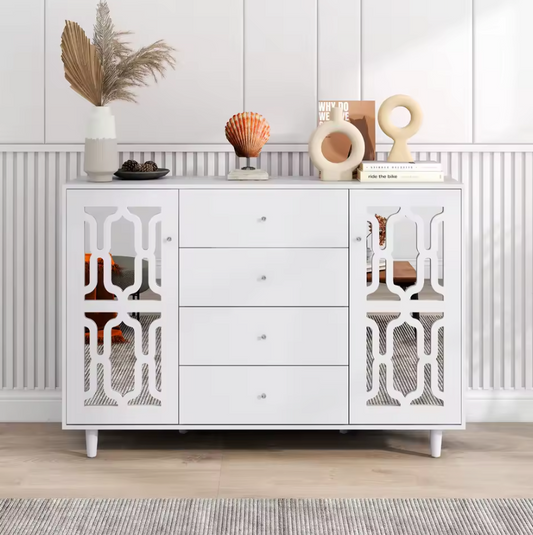Klassieke Stijl Dressoir met 4 Laden en Deuren – Wit – 147,5x40x102cm