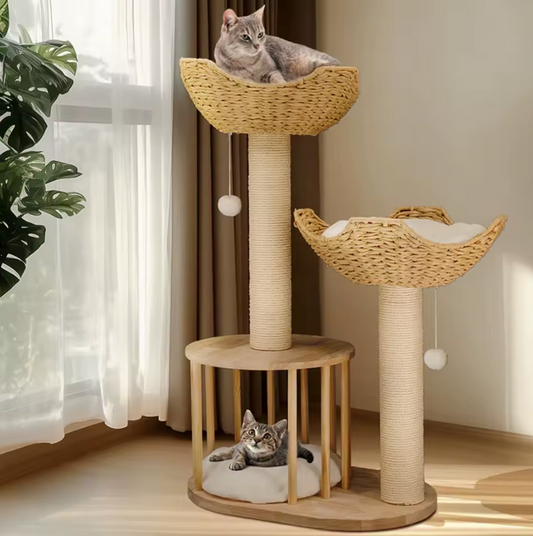 Premium Design 3-laags Krabpaal – Katten Toren met Gewatteerde Pluche Zitstokken, Sisal Krabpalen en Speelballen