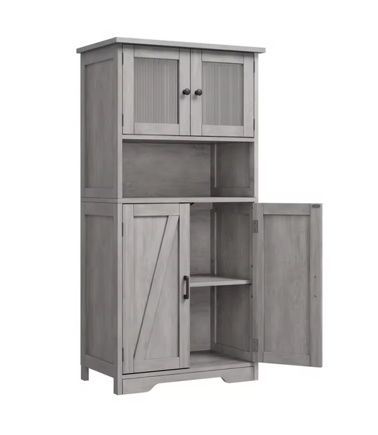 Vrijstaande Kabinet Kast met Glazen Deuren en Verstelbare Planken – 128cm Hoog, Grijs
