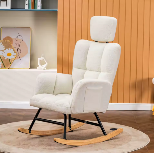 Luxe Beige Schommelstoel – Relax Fauteuil met Armleuningen en Hoofdsteun – Teddy Stof – Ergonomisch Ontwerp