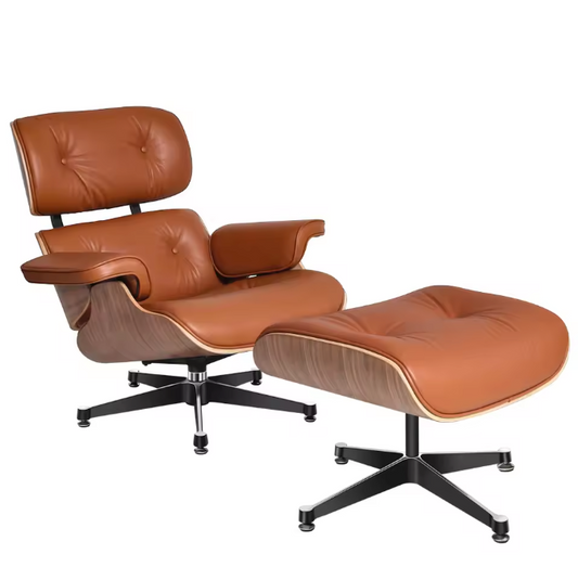 Klassieke Draaibare Lounge Fauteuil – Walnoothout & Bruin Koeienleer, 360° Rotatie