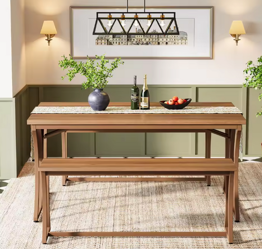 Eettafelset voor 4–6 Personen – Tafel met 2 Banken & Tafelloper