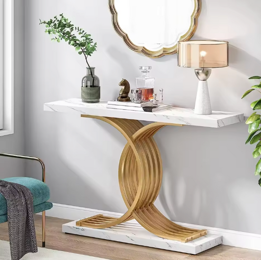 Gouden consoletafel met marmerlook blad en metalen frame