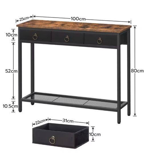 Landelijke Consoletafel Zwart en Vintage Bruin Hout – met 2 Laden en Planken – Industrieel Design, 100×25×80 cm