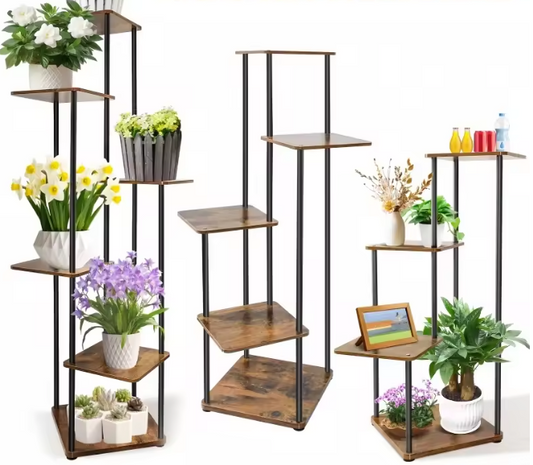 Hoek Plantenrek met 4/5/6 Lagen – Metaal & Hout, Ruimtebesparend Ontwerp