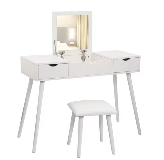 Kaptafel met Spiegel en Kruk – 2 Lades & Opvouwbare Spiegel, Wit