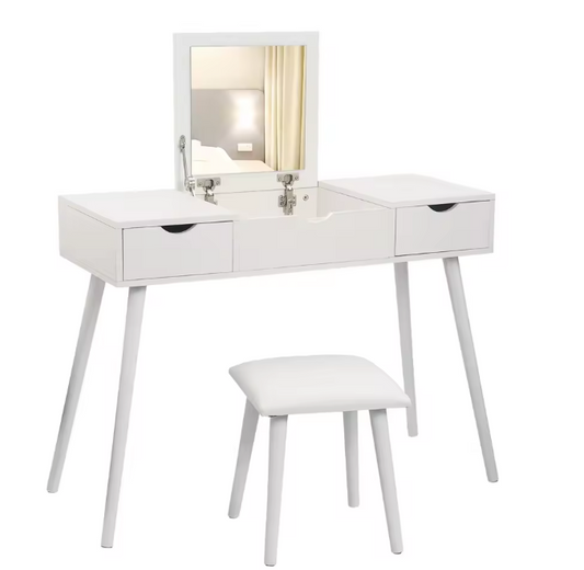Kaptafel met Spiegel en Kruk – 2 Lades & Opvouwbare Spiegel, Wit