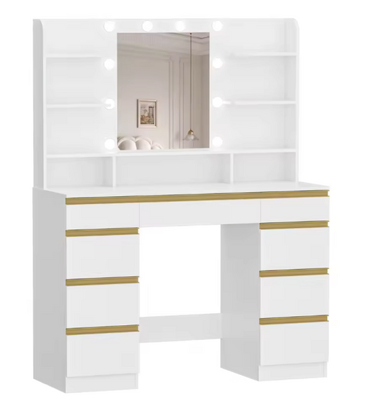 Kaptafel met LED-Spiegel – 10 Lampen, 9 Lades & Open Vakken