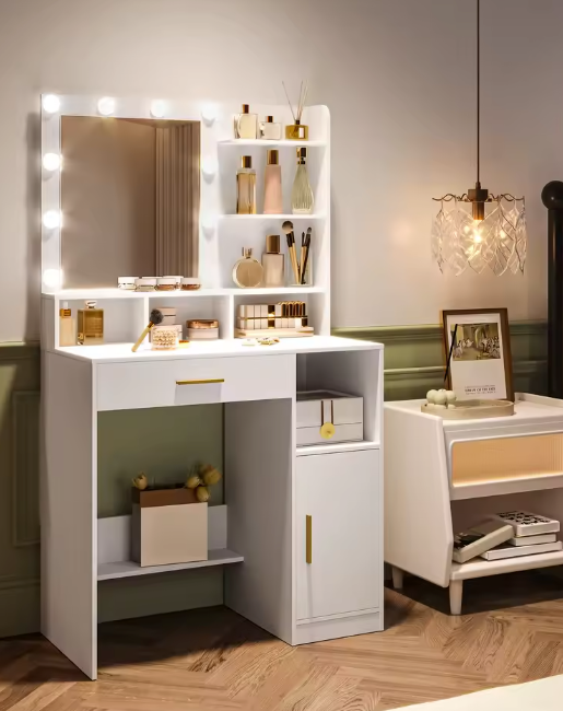 Kaptafel met LED-Spiegel – 10 Lampen, Planken & Lade, Wit