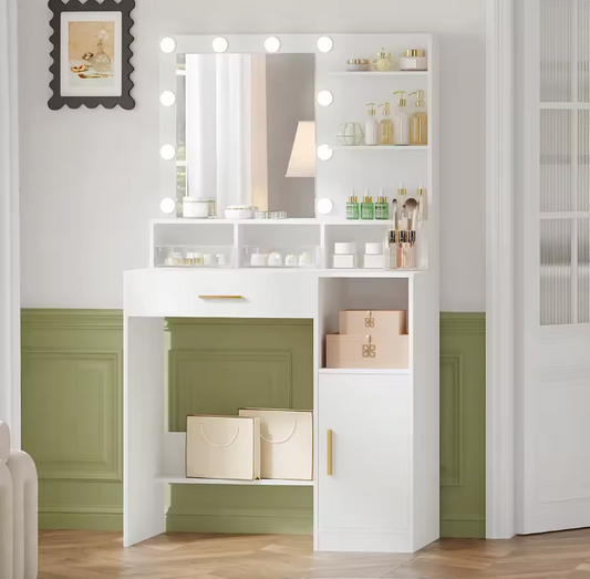 Kaptafel met LED-Spiegel – 10 Lampen, Planken & Lade, Wit