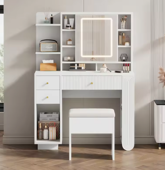 Witte Kaptafel met Spiegel, Kruk & Verlichting – 100 cm