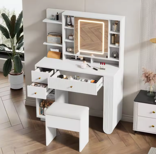 Witte Kaptafel met Spiegel, Kruk & Verlichting – 100 cm