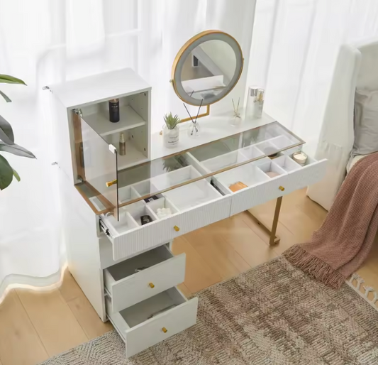 Kaptafel met LED-Spiegel – Glazen Blad & Modulaire Kast, 120 cm