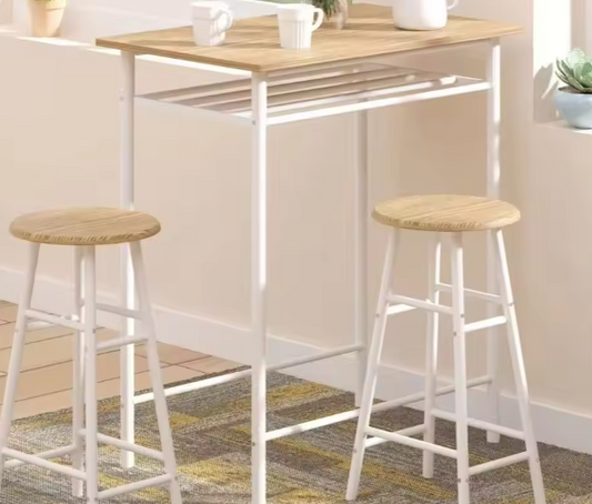 3-delige bartafelset wit/eiken met opbergrek en 2 krukken