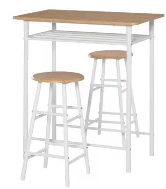 3-delige bartafelset wit/eiken met opbergrek en 2 krukken