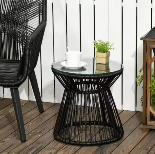 Ronde bistrotafel 40 cm met glazen blad en rotan frame