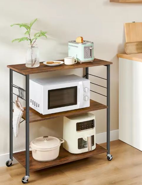 Keukentrolley met 3 Planken – Metaal & Hout, Incl. Haken & Wielen