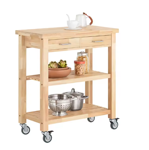 Rubberhouten Keukentrolley met Lades en Wielen – 80×40×90 cm