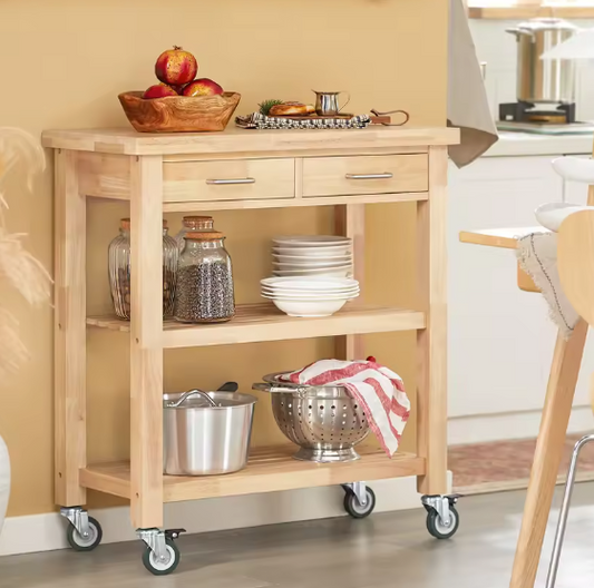 Rubberhouten Keukentrolley met Lades en Wielen – 80×40×90 cm