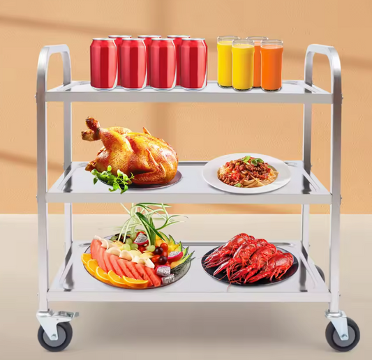 Roestvrijstalen Serveerwagen – 3 Lagen & Wielen, Rechthoekig