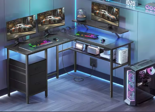 L-vormig bureau met LED, lades en monitorstandaard