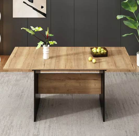 Uitschuifbare Eettafel 140–180 cm – MDF Tafelblad met Houtnerf & Zwarte Zijpanelen, Geschikt voor 4–6 Personen