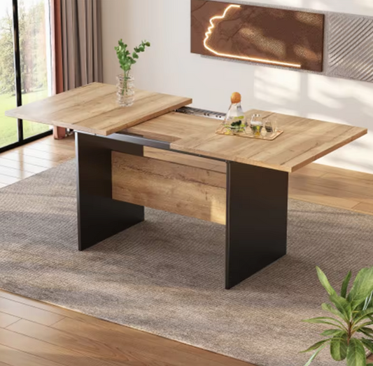 Uitschuifbare Eettafel 140–180 cm – MDF Tafelblad met Houtnerf & Zwarte Zijpanelen, Geschikt voor 4–6 Personen