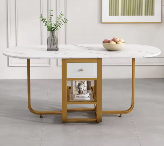 Opvouwbare Uitschuifbare Eettafel – Met Lade & Gouden Poten, Wit