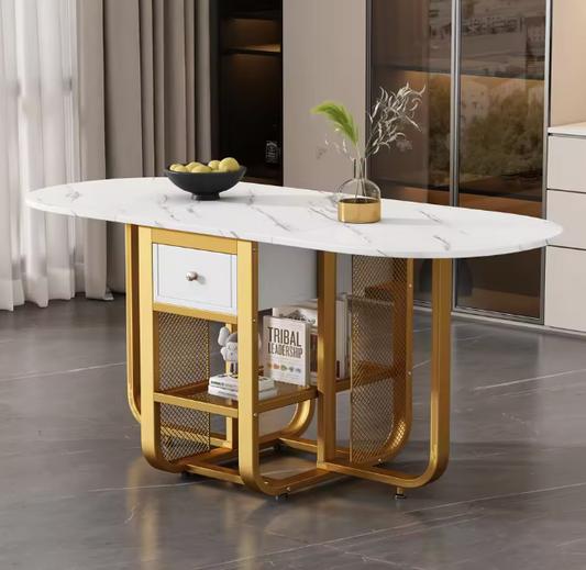 Opvouwbare Uitschuifbare Eettafel – Met Lade & Gouden Poten, Wit