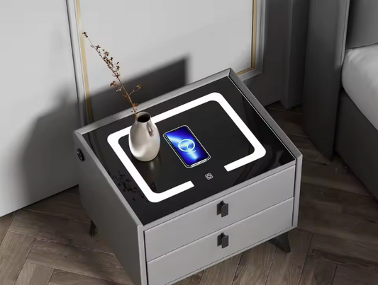 Slim Nachtkastje met Draadloos Opladen – LED-Licht & 2 Lades, Zwartgrijs
