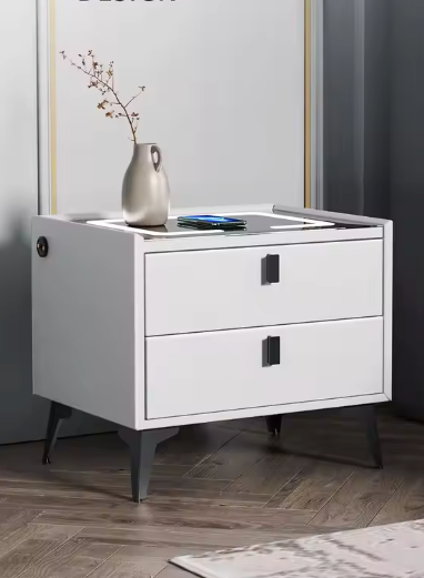 Slim Nachtkastje met Draadloos Opladen – LED & 2 Lades, Wit/Zwart