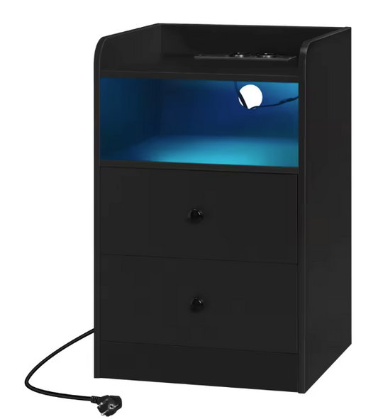 Nachtkastje met LED & USB – 2 Lades en Oplaadstation, Wit/Zwart
