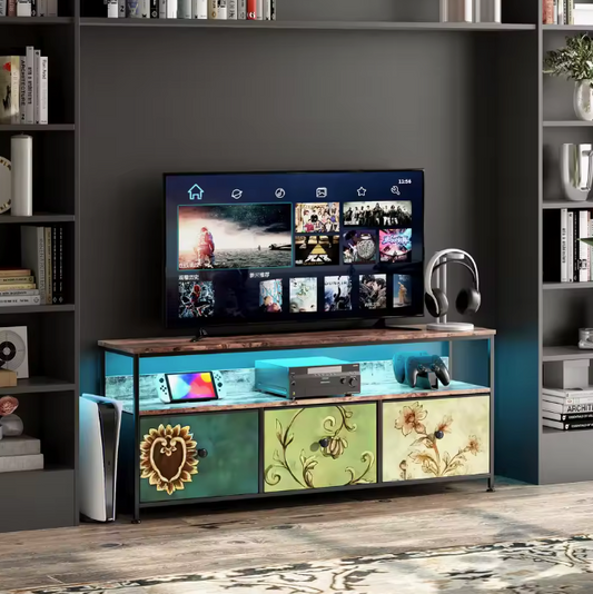 TV-Kast met LED-Verlichting – 3 Stoffen Lades & Open Planken