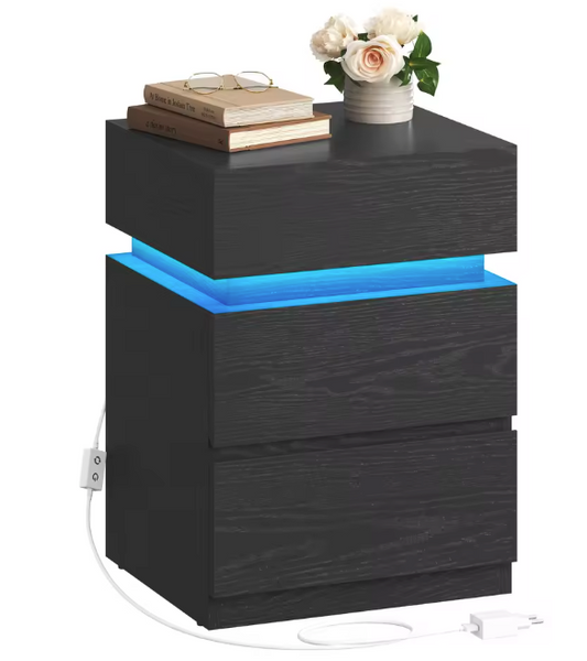 Nachtkastje met LED-verlichting – 3 Lades & Houtnerf Afwerking, Zwart