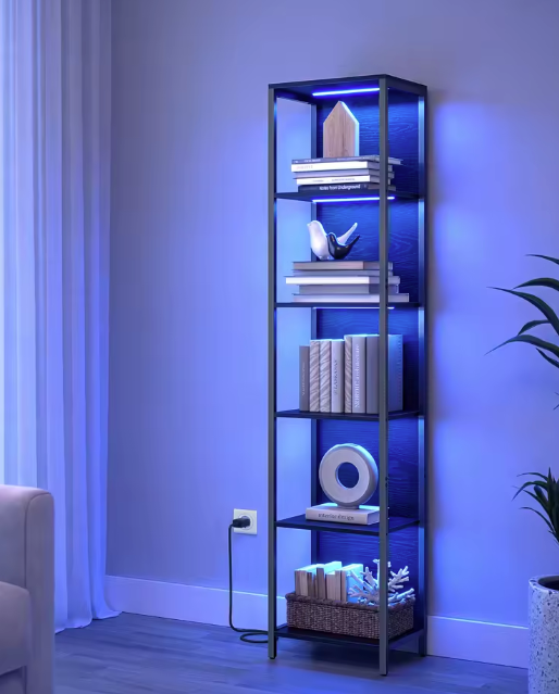 Boekenkast met LED-Verlichting – 6 Niveaus & Stalen Frame, Zwart