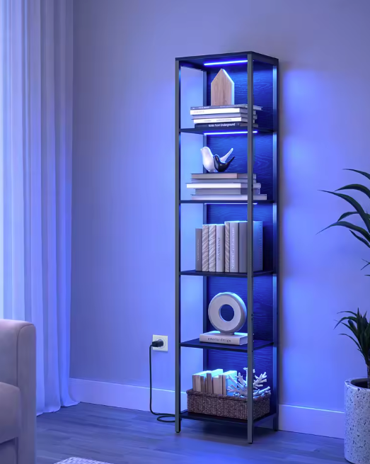 Boekenkast met LED-Verlichting – 6 Niveaus & Stalen Frame, Zwart
