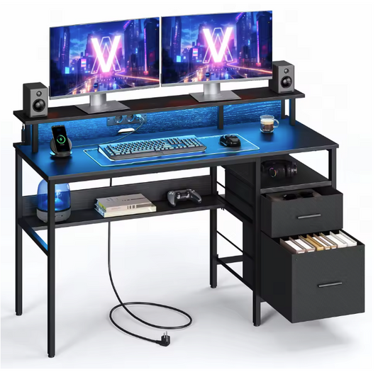 Bureau met LED, Lades & Monitorstandaard – 135 cm, Incl. Stopcontacten