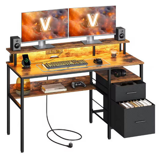 Bureau met LED, Lades & Monitorstandaard – 135 cm, Incl. Stopcontacten