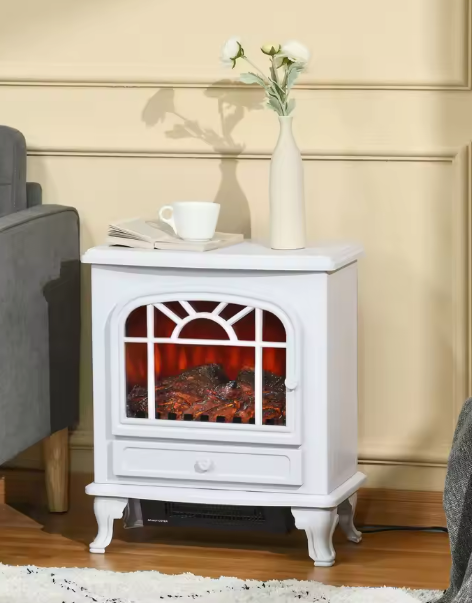 Elektrische haard met LED-vlam en 2 warmtestanden – wit